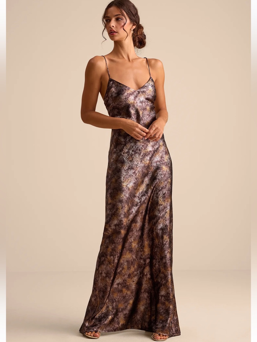 Sheeva Shiny Brown Multi Abstract Satin Lace-Up Maxi Dress